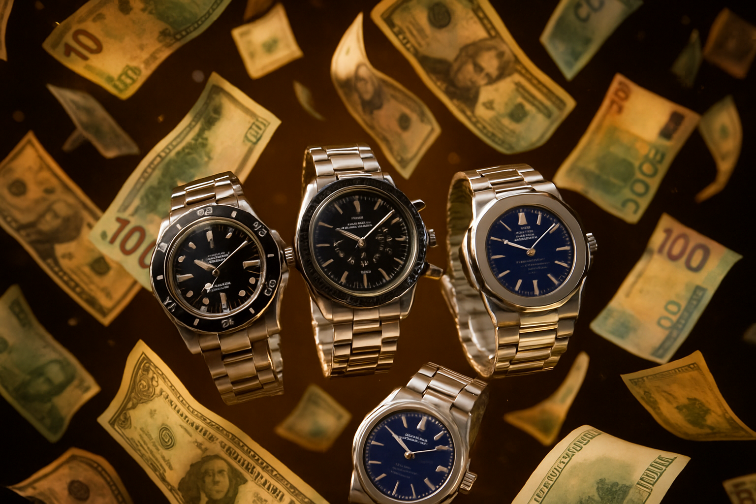 fondo con dinero y relojes de marca cayendo