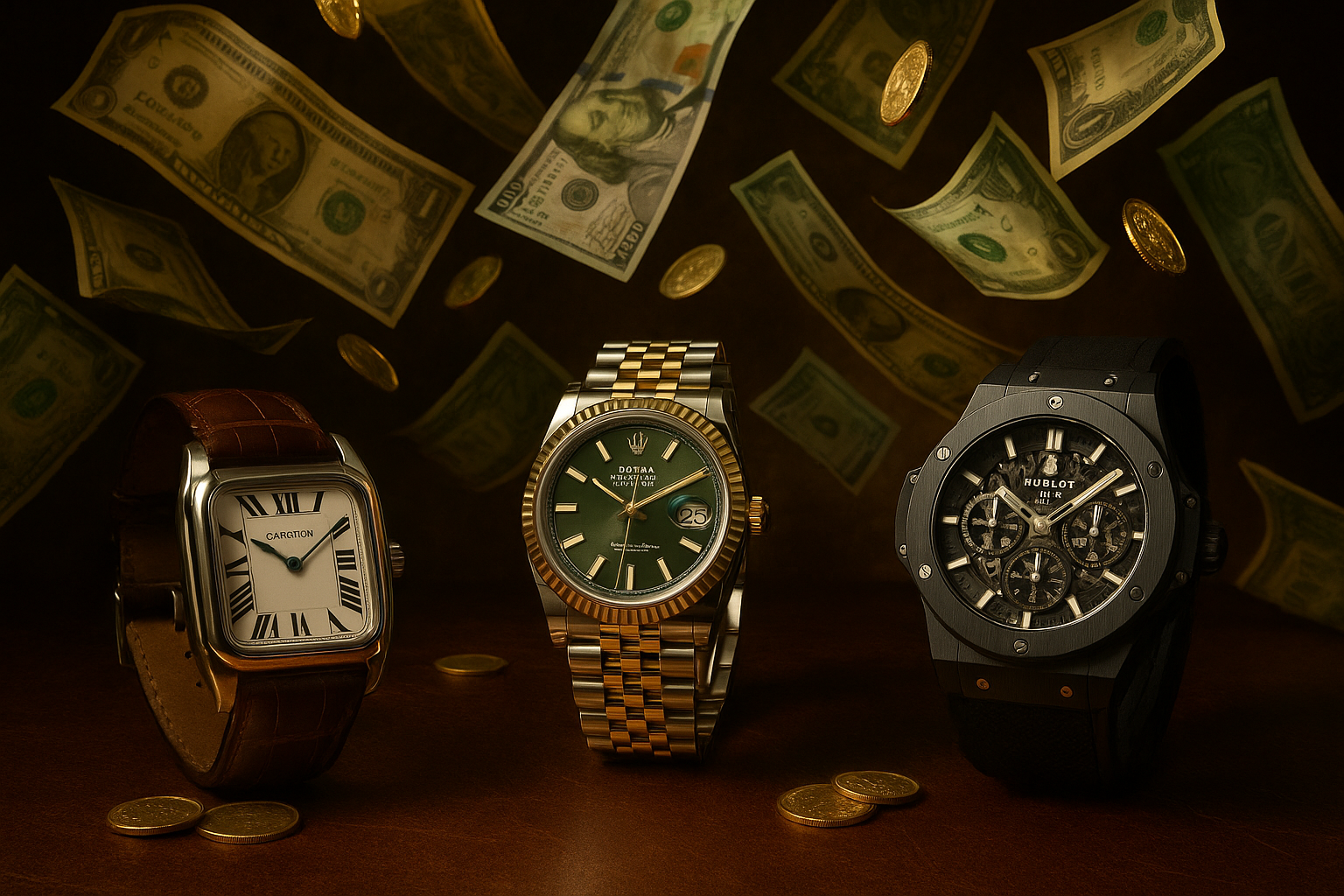 fondo con relojes cartier, rolex, hublot, etc y dinero cayendo